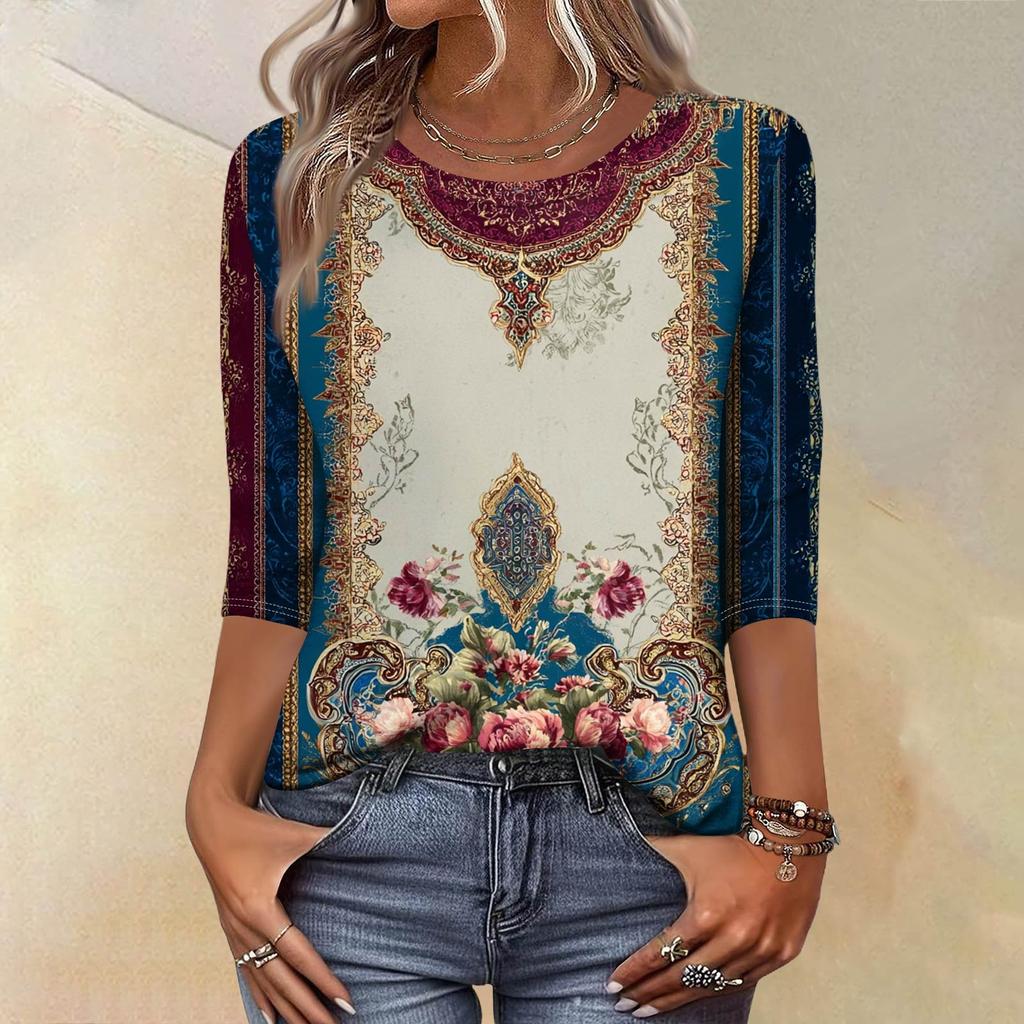 Top Trendy Vintage a 3/4 di manica per Donna, Maglietta Blusa Casual da Donna a Tre Quarti di Manica con Scollo Rotondo Stampata