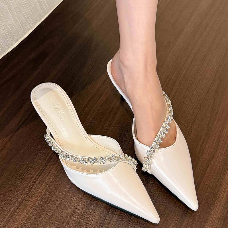 Summer Women's Fashion Crystal Mules Slippers Elegant Cover Toe Dress Slides Ladies Dancing Party High Heel Shoes