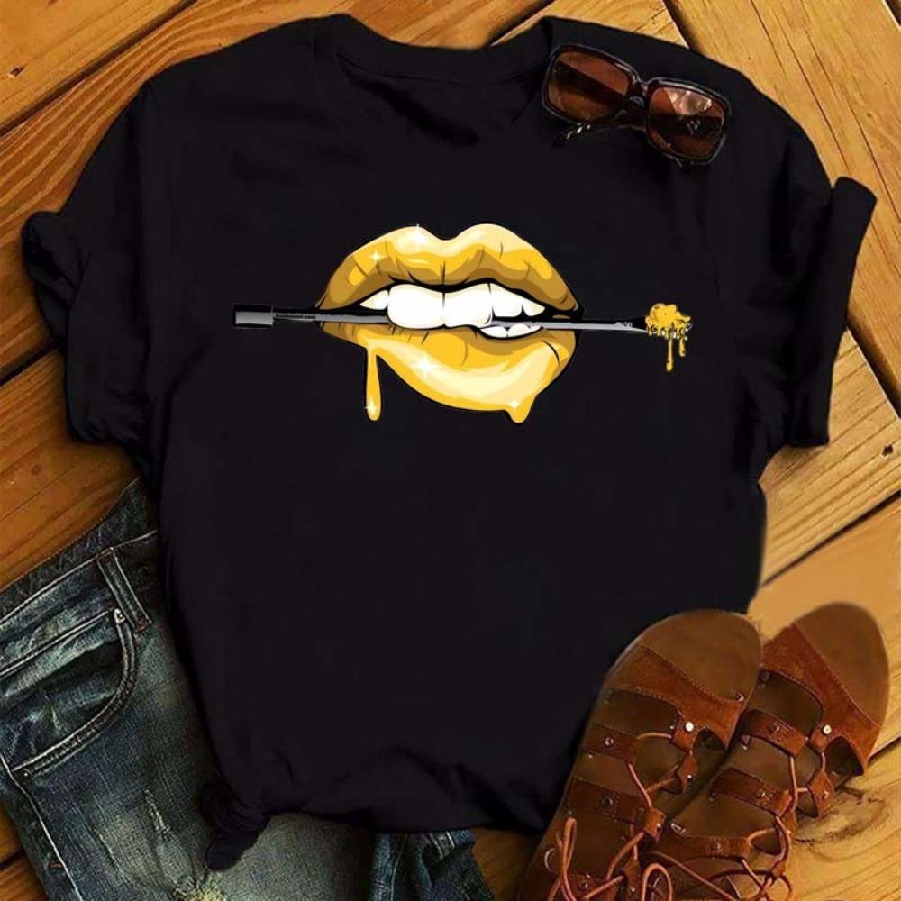 New Women Pink Lips Leopard Graphic T Shirt Casual Fahion O-neck Sexy Black Tees Kiss Lip Funny Girls Tshirt