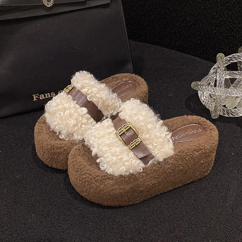 Fashion thick-soled fluffy slippers for women's outerwear 2025 autumn and winter new cotton-added thickened one-pedal casual slippers