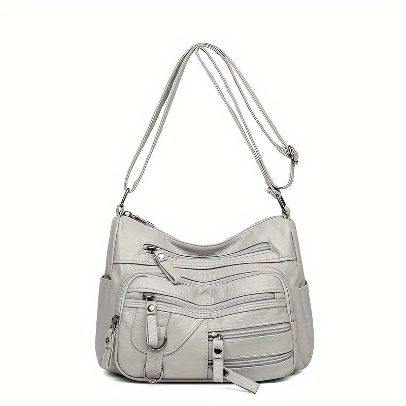 

Элегантное однотонное плечо через плечо в стиле ретро: Мягкая искусственная кожа, карманы на нескольких молниях для современной женщины серый белый