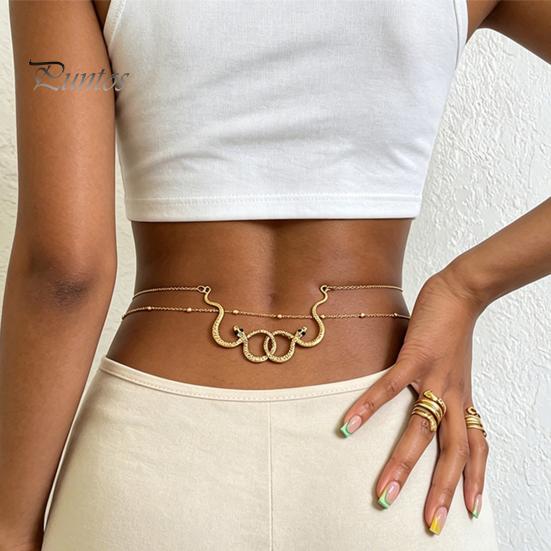 Beach Bikini Accessory Double Snake Wrap Waist Chain, Adjustable Layered Belly Chain for Women, Vintage Gold Lightweight Metal Belt Fashion