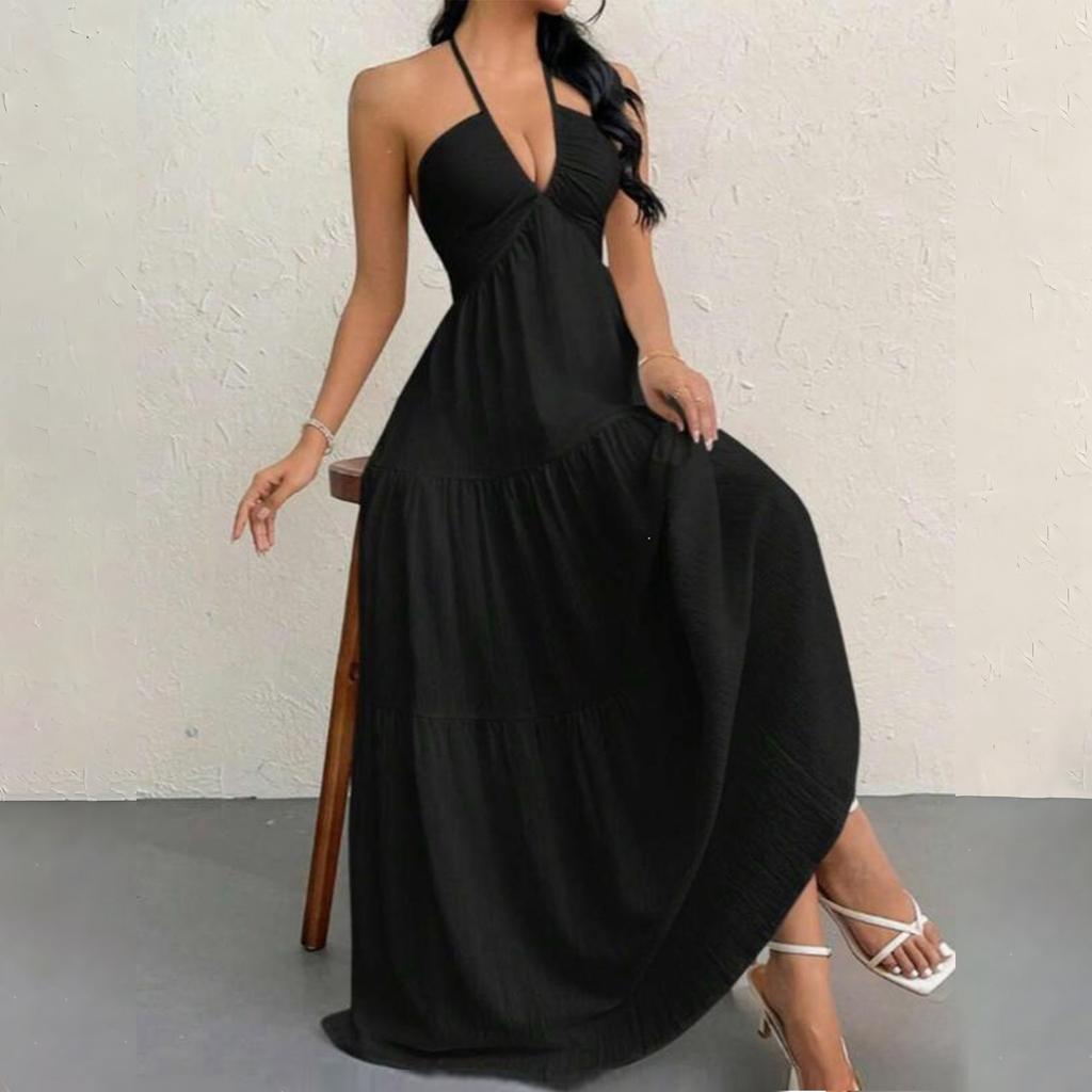 Maxi Abito da Donna Senza Maniche con Scollo all'Americana Schiena Scoperta con Lacci Estivo da Spiaggia Casual Lungo per Vacanze e Tempo Libero