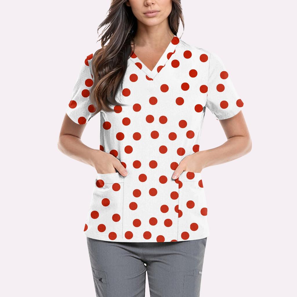 Women's Cute Printed Work Clothes V-neck Double Layer Pockets Basic Short Sleeve Top Pullover Valentines