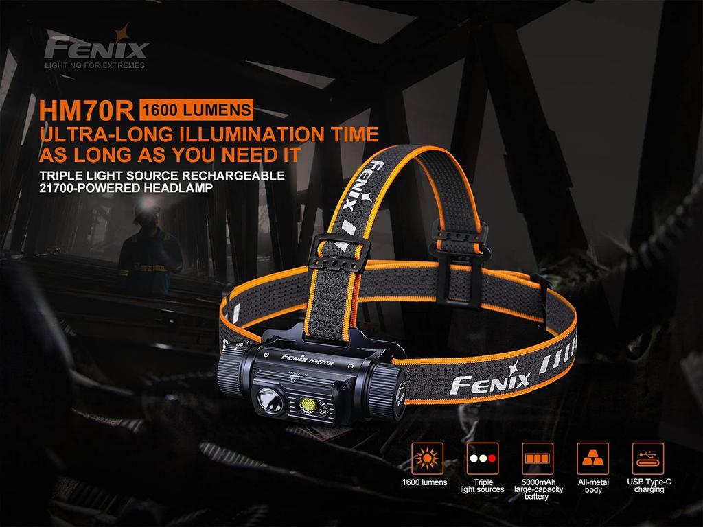 Fenix HM70R Max 1600 IP68 Dustproof and for Outdoor and Work Headlamp, Lumens, USB-C Rechargeable, Waterproof, Rescue, Search, Activities, Low-Light
