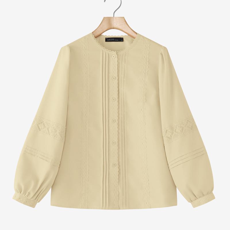 

ZANZEA Женская повседневная блузка с круглым вырезом, кружевной вставкой, длинным рукавом и свободного кроя 2XL абрикосовый