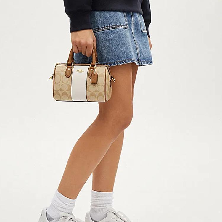 Coach Rowan 18 Signature Stripe Canvas And Leather Tote Shoulder Crossbody Bag Small Women Bags Light-Khaki Pink-White CR243-IMWQJ