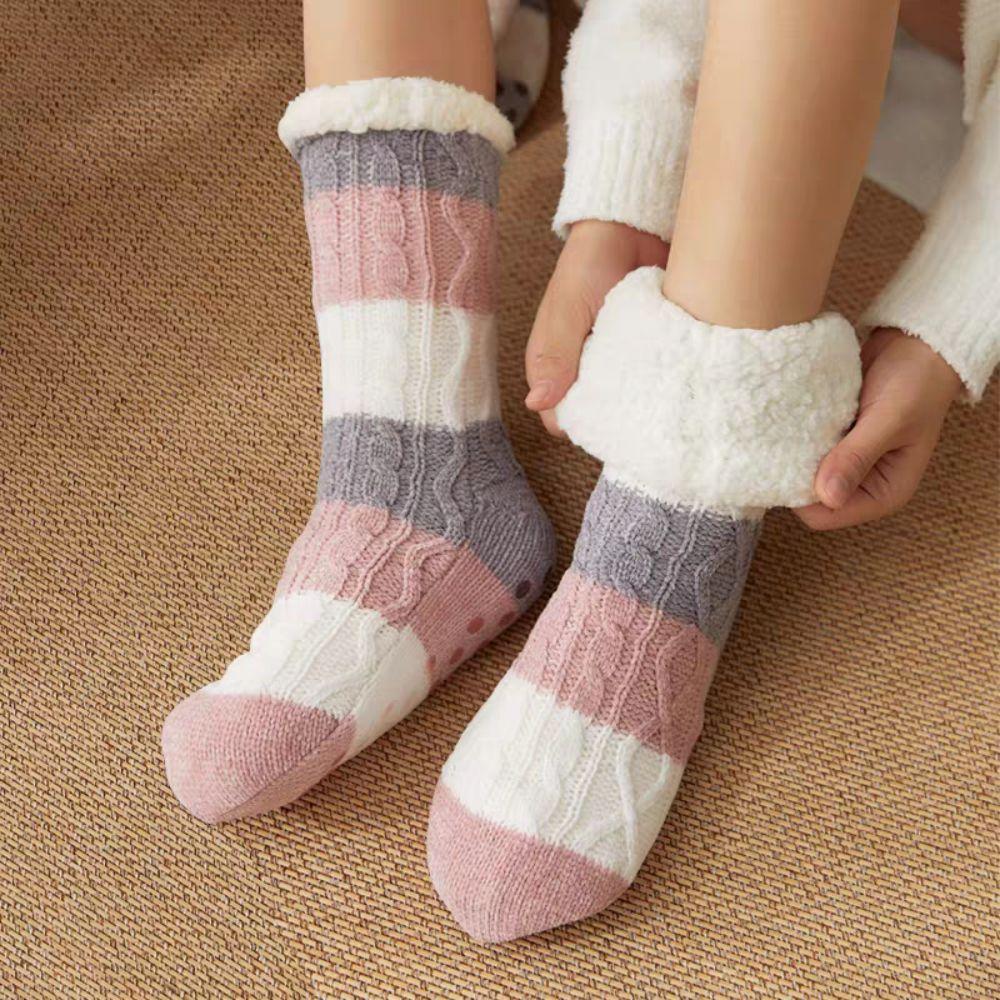Fried Dough Twist Stripe Fleece Socks Thicken Winter Floor Socks Cute Coral Fleece Socks  Girls