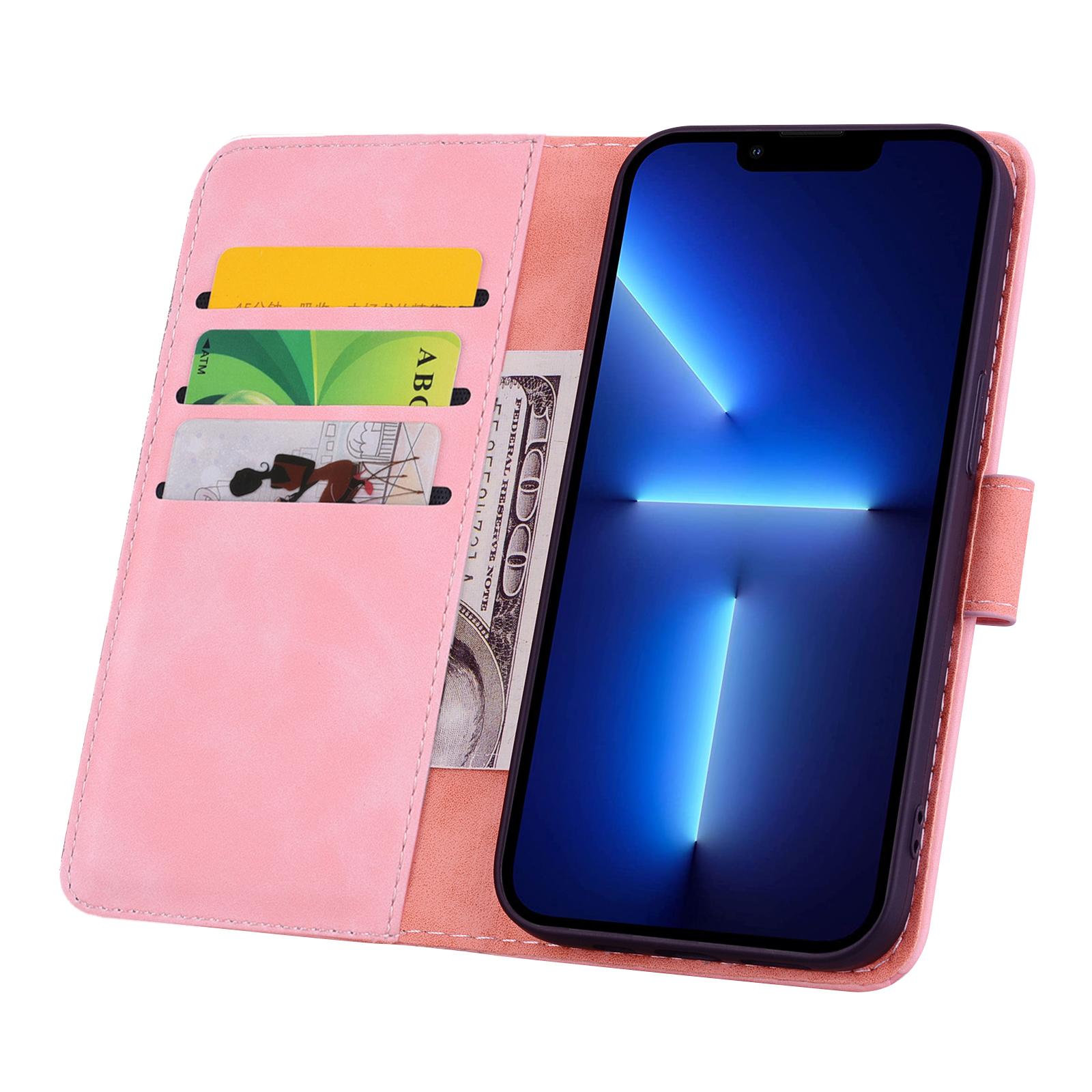 

For iPhone 16 Pro Max Case PU Leather Wallet Flip Phone Cover Flower Imprinted Pink