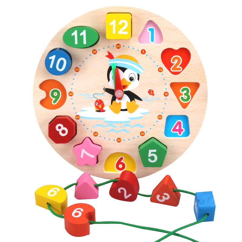 Montessori Wooden Number Puzzle Shape Color Sorting Clock Toys for Kids Early Education Penguin Patterns Time Learning