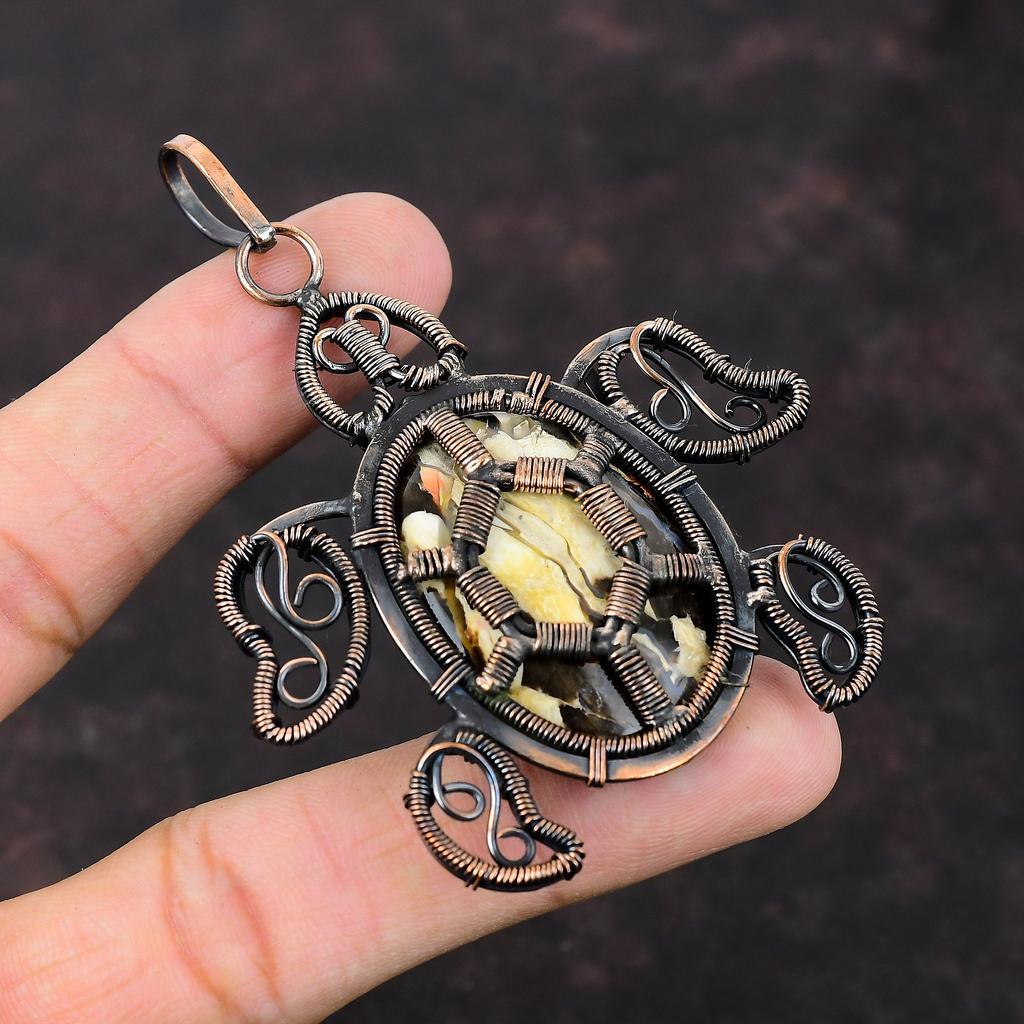 Pandantiv din Piatră Jasp Lemn de Arahide, Pandantiv Înfășurat în Sârmă de Cupru, Pandantiv Broască Țestoasă, Bijuterii din Cupru, Cadou pentru Nuntă, Bijuterii Handmade Înfășurate în Sârmă