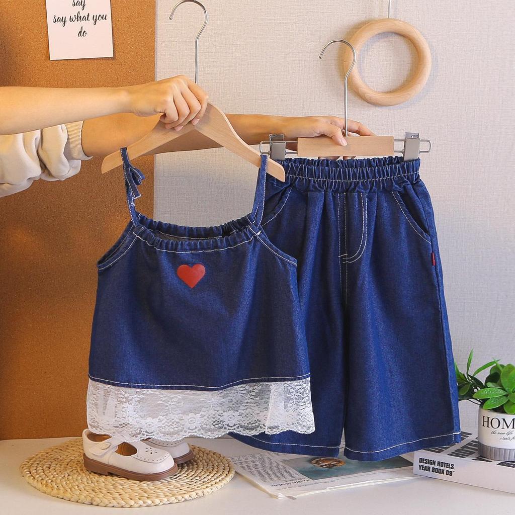 2026 Girls' Lace Denim Suspender Wide-Leg Pants Set: Trendy Summer Style