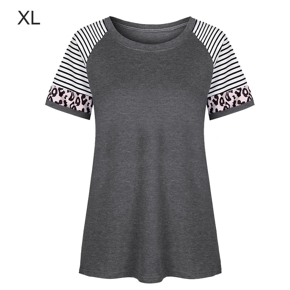 Chemise à col rond et manches courtes imprimé rayures léopard pour femme