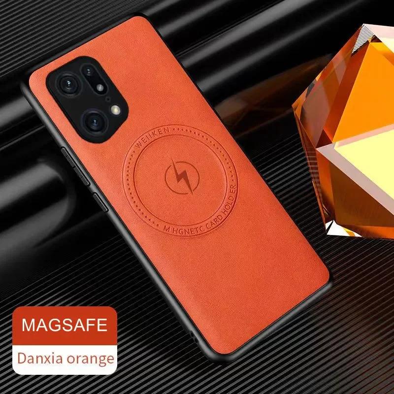 Funda Magnética Magsafe para Carga Inalámbrica para Oppo Find X6 X5 X3 Pro Cuero Premium a Prueba de Golpes Armadura Protección Completa de Lente Find X3 naranja