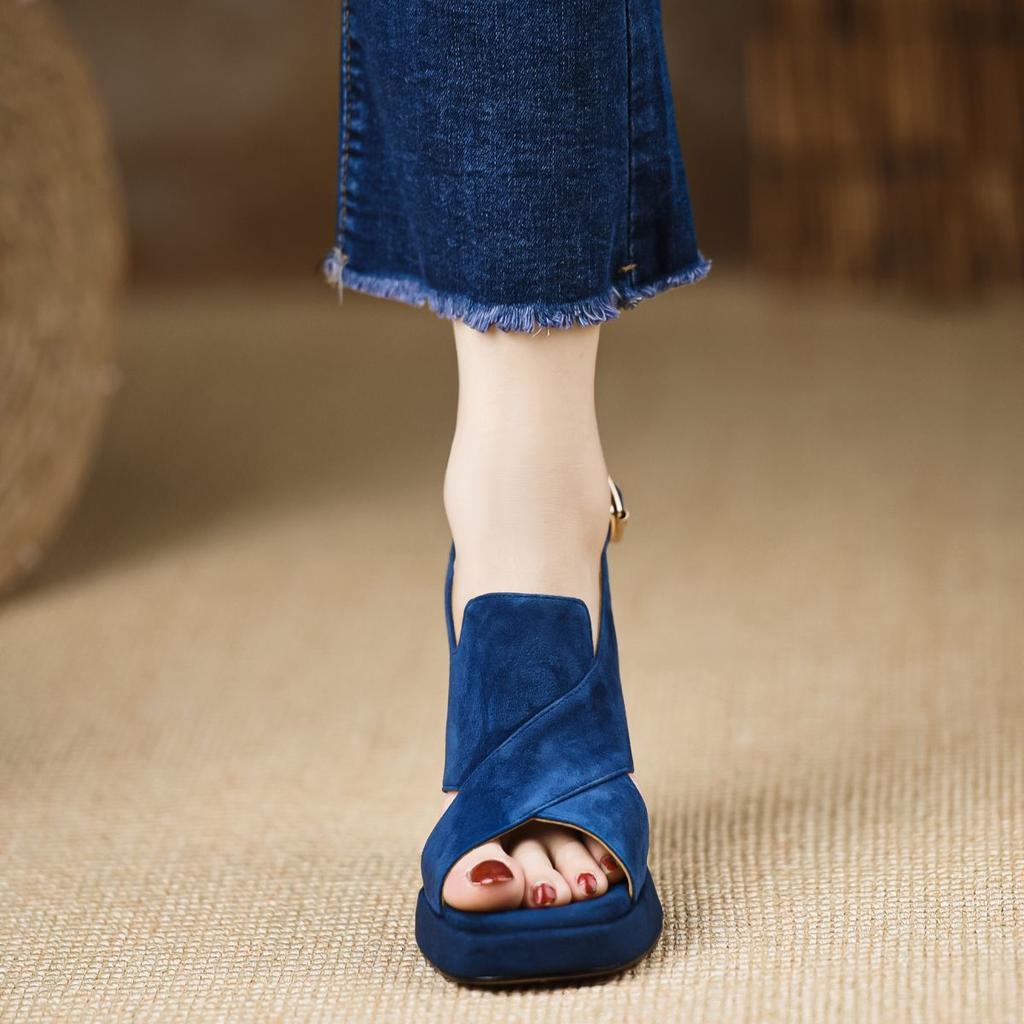 Handmade Women's Shoes Summer 2025 New Waterproof Table High Heel Heightening Matte Leather Sandals Thick Heel Blue Women's Sandals