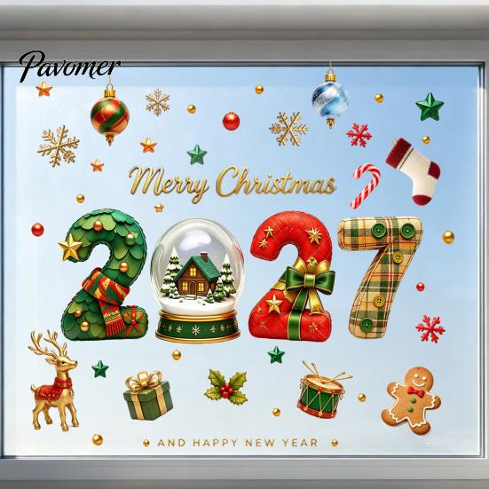 Holiday Glass Stickers Christmas Window Clings, Static Sticker with Merry Christmas, Elk Gingerbread Festive Shop Displays Man Decals, PVC
