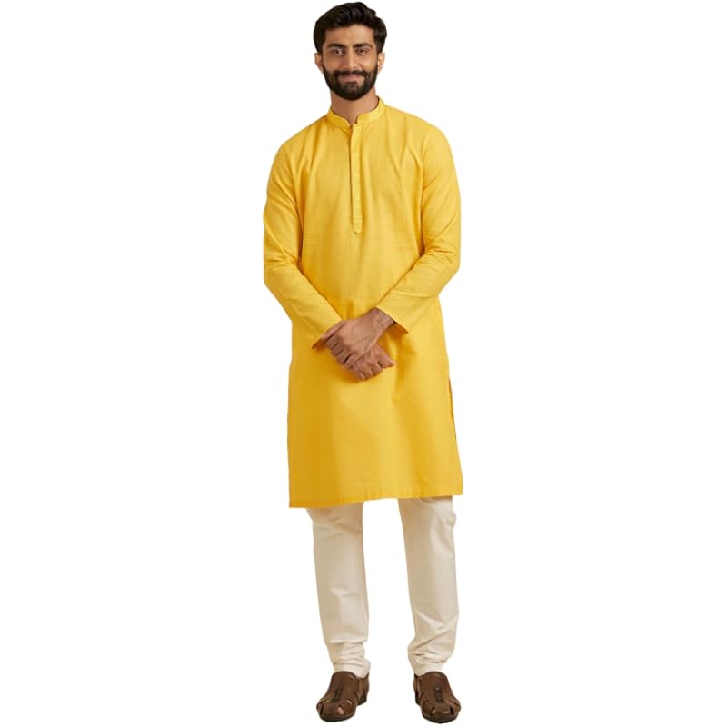 Manyavar SelfTextured Knee Long Kurta and Churidar Set For Men - (Yellow, Medium)