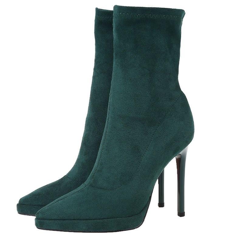 2024 Fashion Pointed Short Boots Leather Stiletto Boots Suede Solid Color Sleeve Boots Women's Single Boots Autumn and Winter