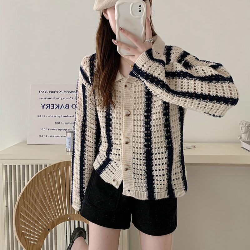 

Полосатый полый лацкан черный модный женский свитер-жакет, осенние новинки женский кардиган с длинным рукавом 6712# one size fits all синий