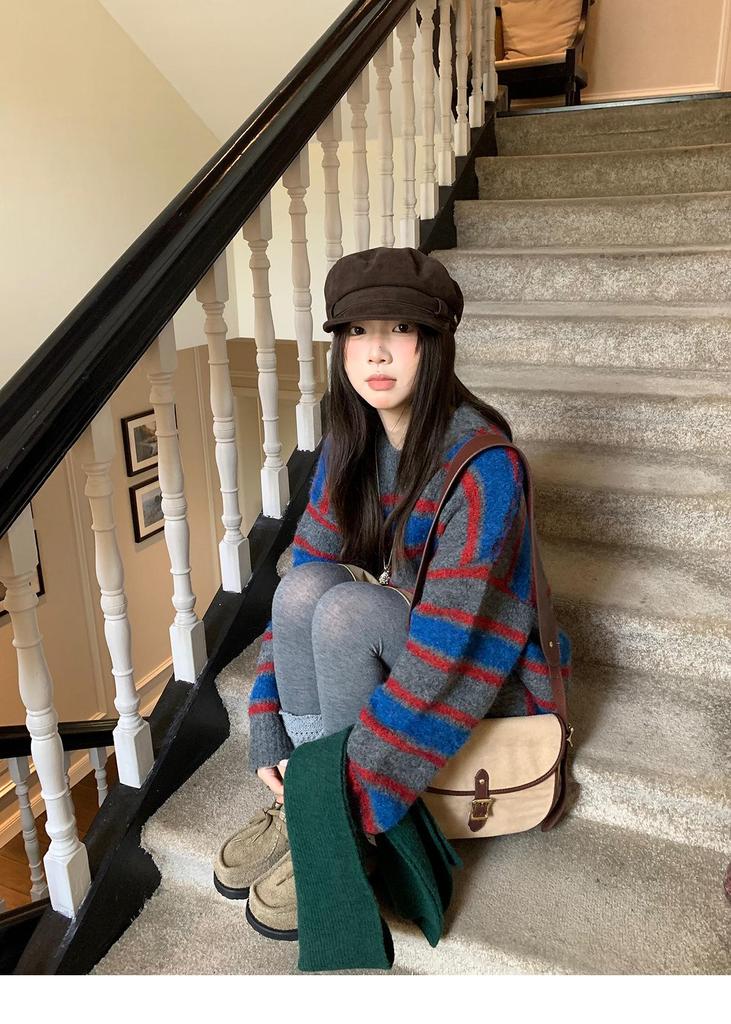 Women's Korean Retro Striped Knit Top - Soft & Versatile for Autumn/Winter 2026