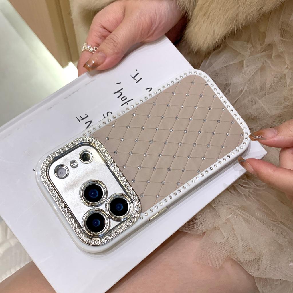 Fashion Solid Color Rhombus Grid Pattern Glitter Rhinestone Shock Proof Phone Cover Case for IPhone 17 16 15 14 13 Pro Max