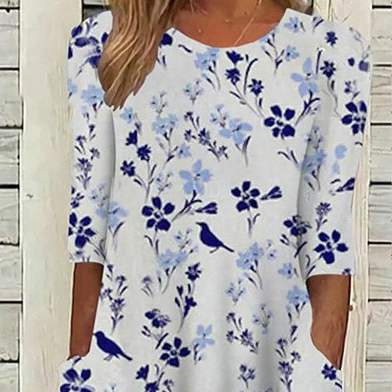 Rochie de femei cu imprimeu floral Gâtul O Mâneci scurte Buzunare în formă de A Tivul liber Lungime la jumătatea gambei Moale