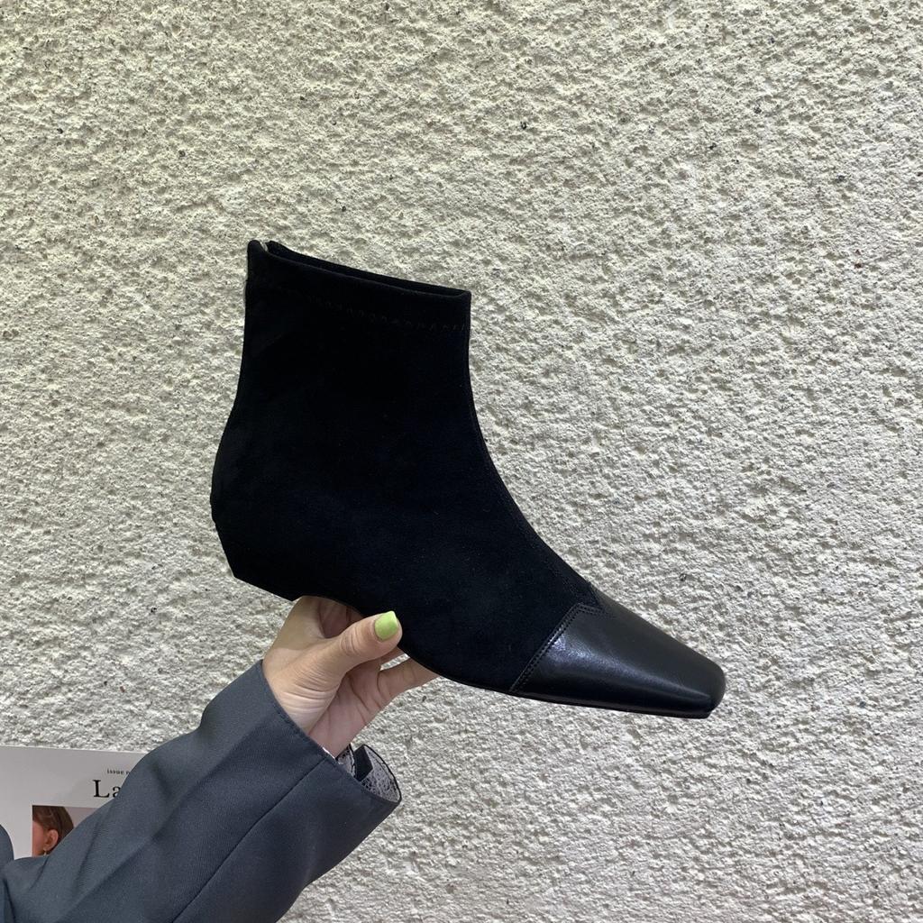 French square head short boots women's autumn and winter black small slope heel thin boots short knight boots bare boots