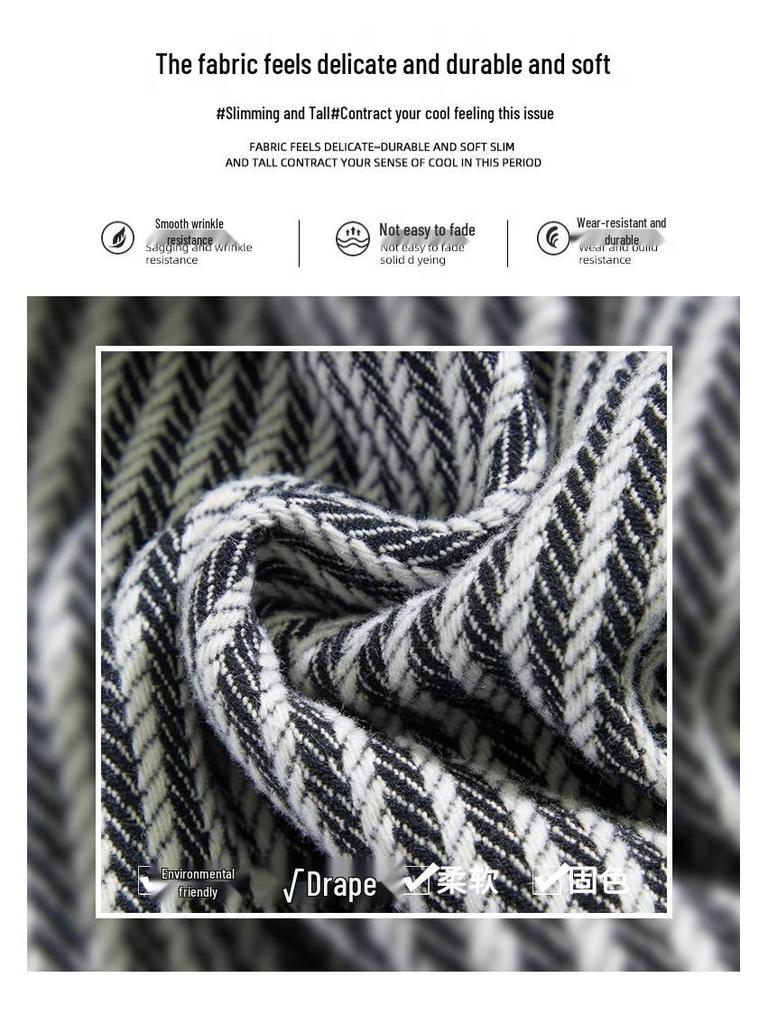 American Retro Pinstripe Woolen Petite Wide-Leg Pants - Casual Straight-Leg Streetwear 145cm