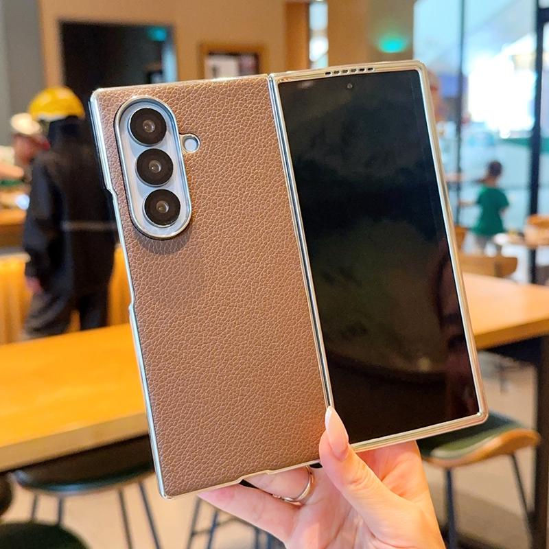 Fashion Electroplated Frame Lychee Leather Case for Samsung Galaxy Z Fold 8 Ultra 7 6 5 Lens Bumper Protective Shockproof Cover