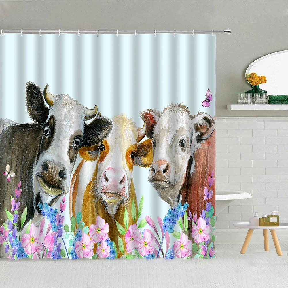 Cute Cow Bull Shower Curtain with Hooks Modern Fashion Funny Western Farm Animal Bathroom Curtain Polyester Bath Screen
