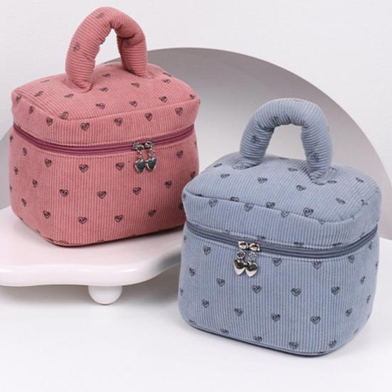 Corduroy Makeup Bag with Heart Pattern Portable Travel Cosmetic Bag Zipper Makeup Pouch Toiletry Organizer Purse for Women Girls