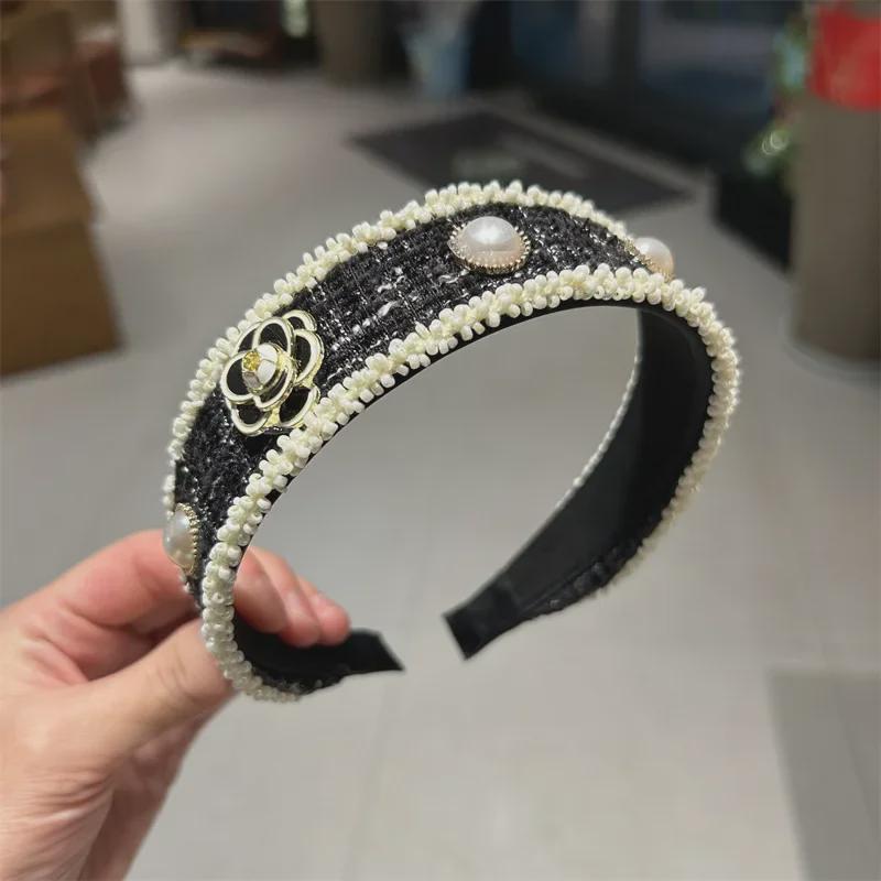 Elegant Baroque Pearl Headband with Camellia Inlay for Women