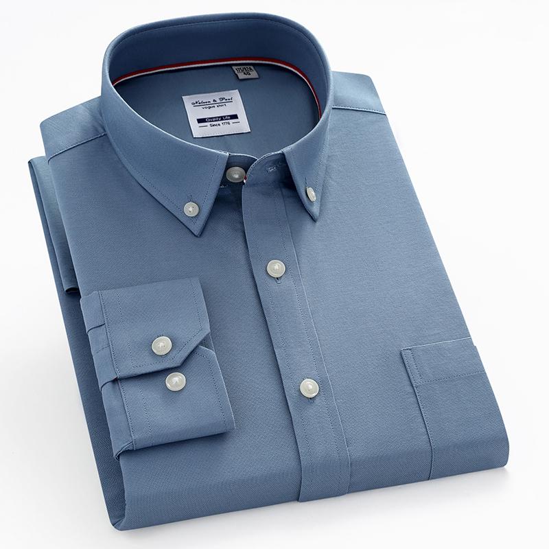 Pure Cotton Men's Solid Shirts Casual Long Sleeve Business Men Shirt Checkered Button Collar with Front Pocket