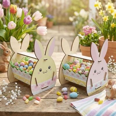 Wooden Easter Bunny Basket DIY Paint Handmade Crafts Rabbit Storage Box Decorative Happy Easter Bunny Decor Box Spring Decor