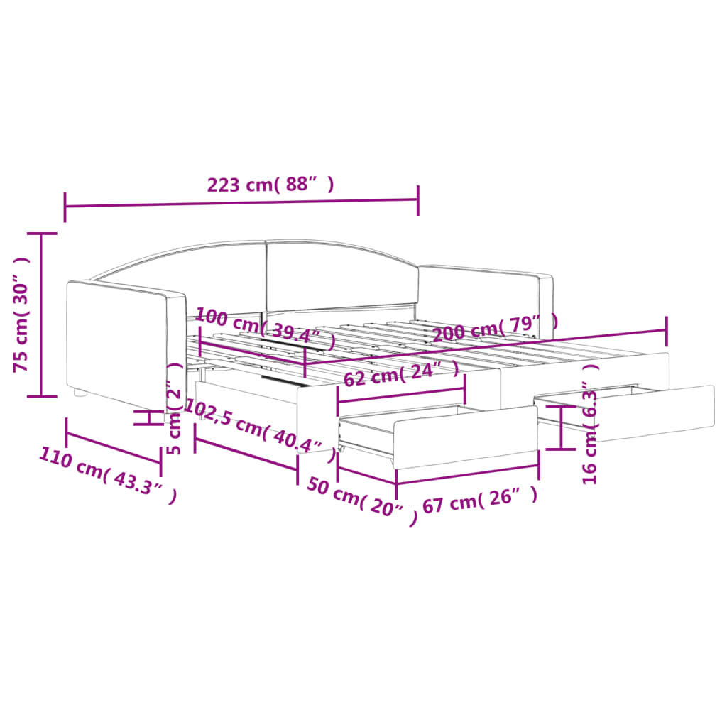 Extendable Daybed with Drawers Black 100x200 cm Fabric