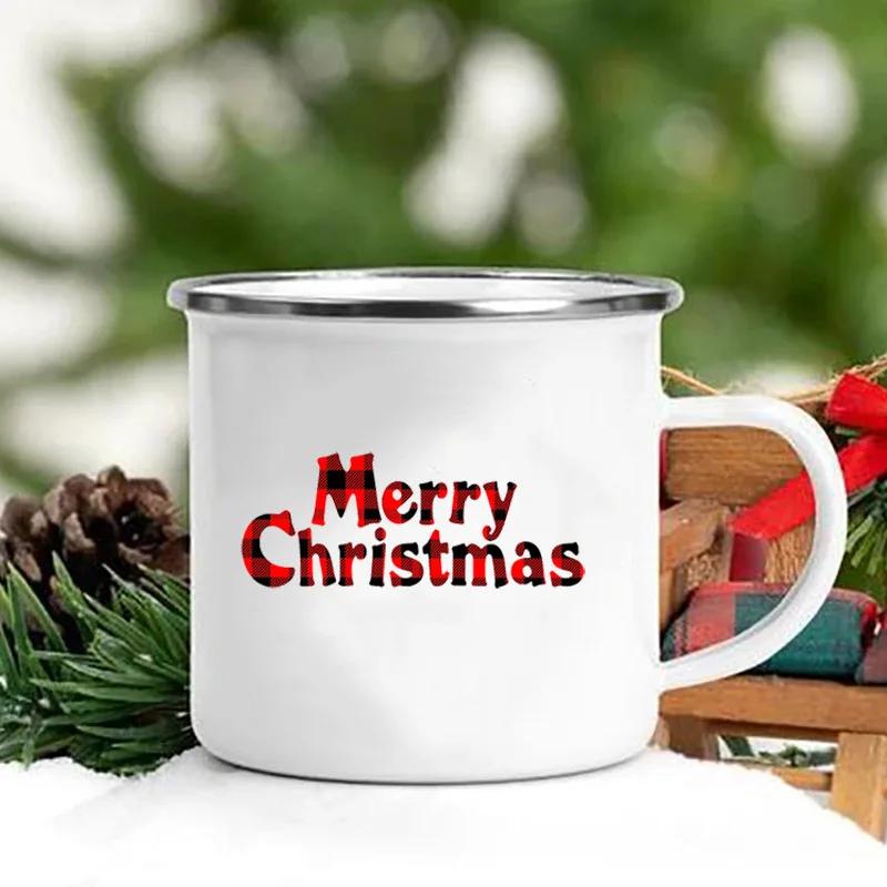 Merry Christmas Print Creative Enamel Coffee Tea Wine Drink Mug Dessert Hot Cocoa Milk Cup Cake Mugs Handle Drinkware Xmas Gifts