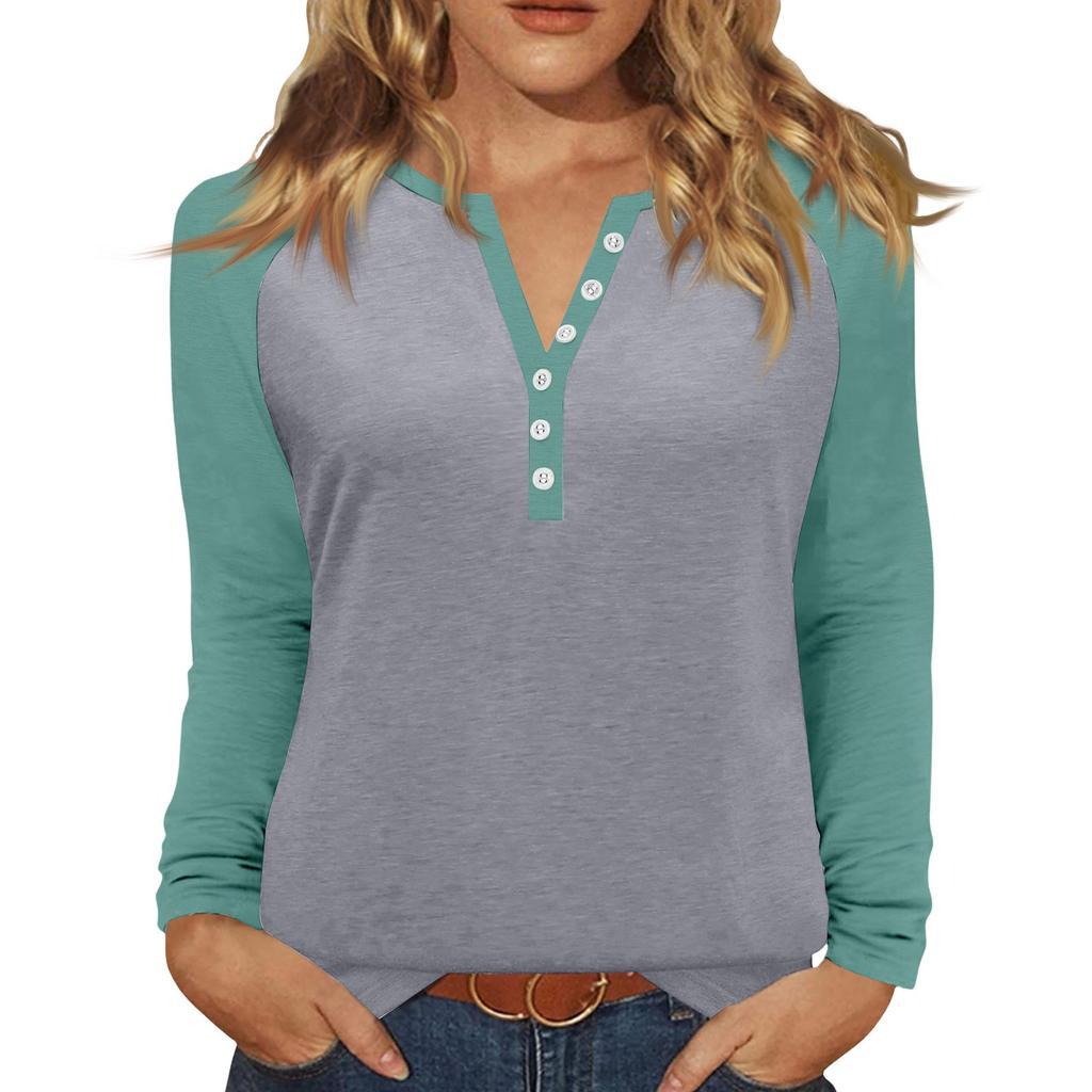 Women's T Shirt Color Block Button Long Sleeve Daily Weekend Fashion Basic V- Neck Regular Top
