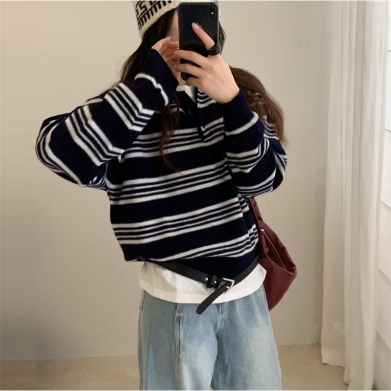 

College style color matching striped long-sleeved knitted sweater autumn and winter new loose and thin casual collar pullover sweater women One size тёмно-синий