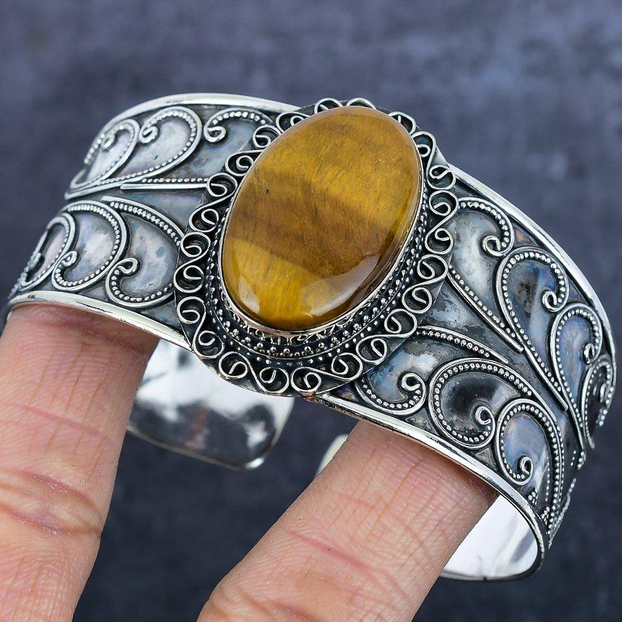 Natural Tiger Eye Gemstone 925 Sterling Silver Cuff Bangle Adjustable V0c32