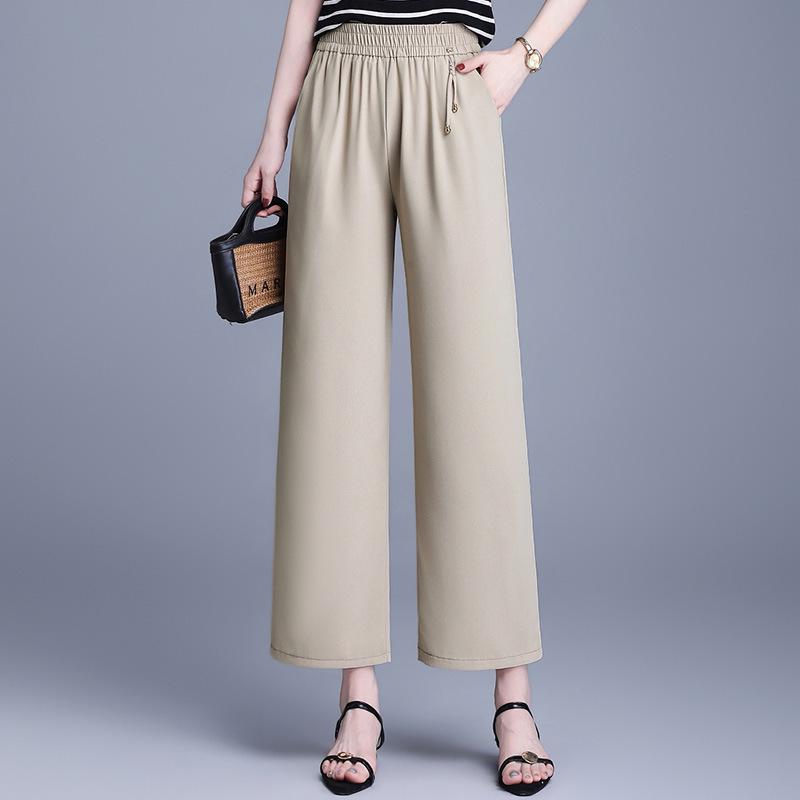 

Women s High-Waisted Wide-Leg Summer Pants - Thin Ice Silk, Nine-Point Length, Straight Leg, Loose Fit for Middle-Aged & Elderly 2XL (105-120 lbs) хаки