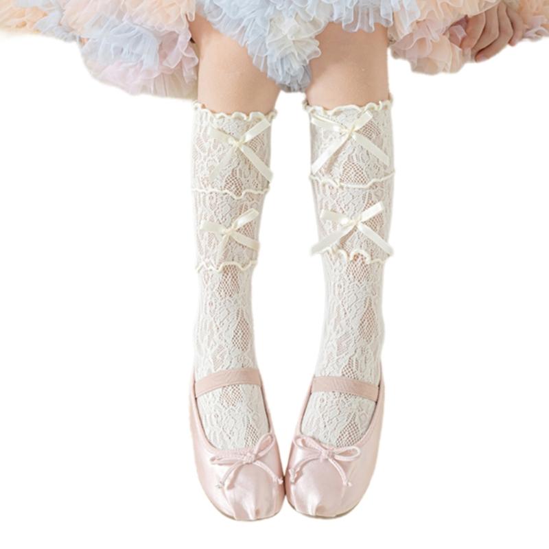 Cotton Girls Socks, Spring Thin Style In Tube Socks 3-Layer Lace Bowknot Charm Stackable for Kids 3-13T