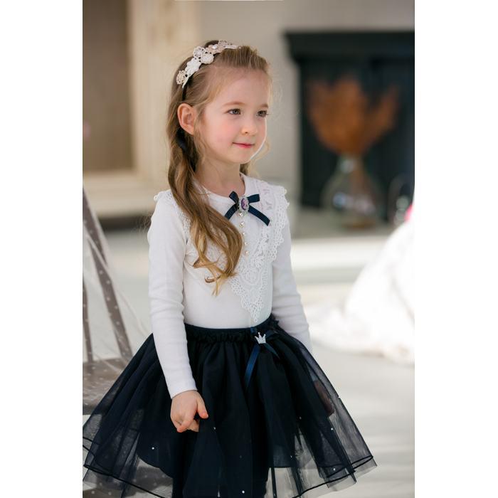 Girls' Spring & Autumn Korean Style Lace Beaded T-Shirt Top