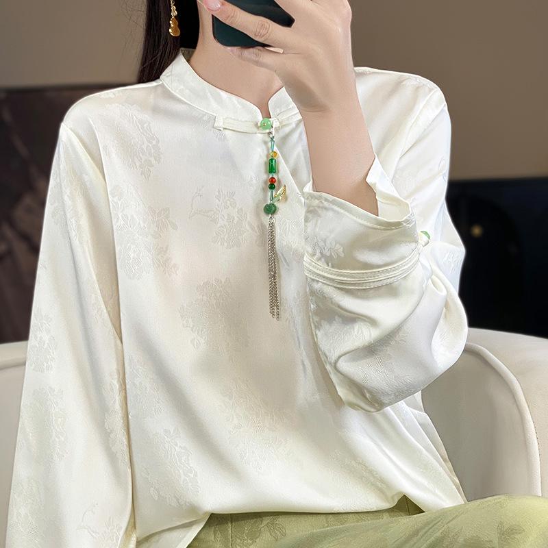 Silk Satin 2026 Spring/Summer Women's Floral Stand Collar Long Sleeve Top