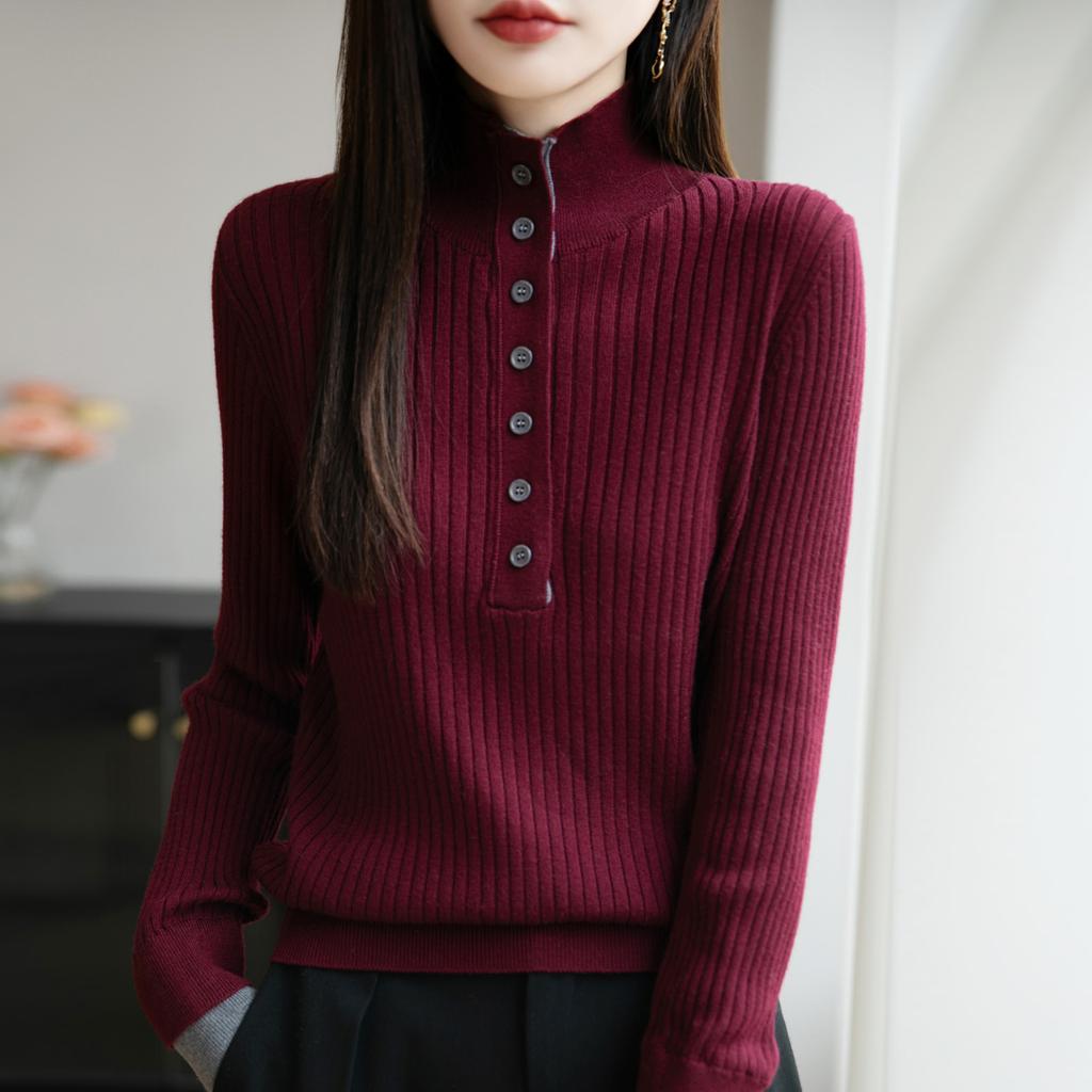 New Autumn and Winter Style Striped Color-blocking Fake Two-piece Knitted Base Layer Women's Half-open-neck Pullover Long-sleeved Sweater