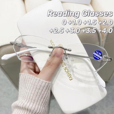 Anti Blue Light Reading Glasses for Women Frameless Silver Polygonal Presbyopia Computer Readers Elegant Metal