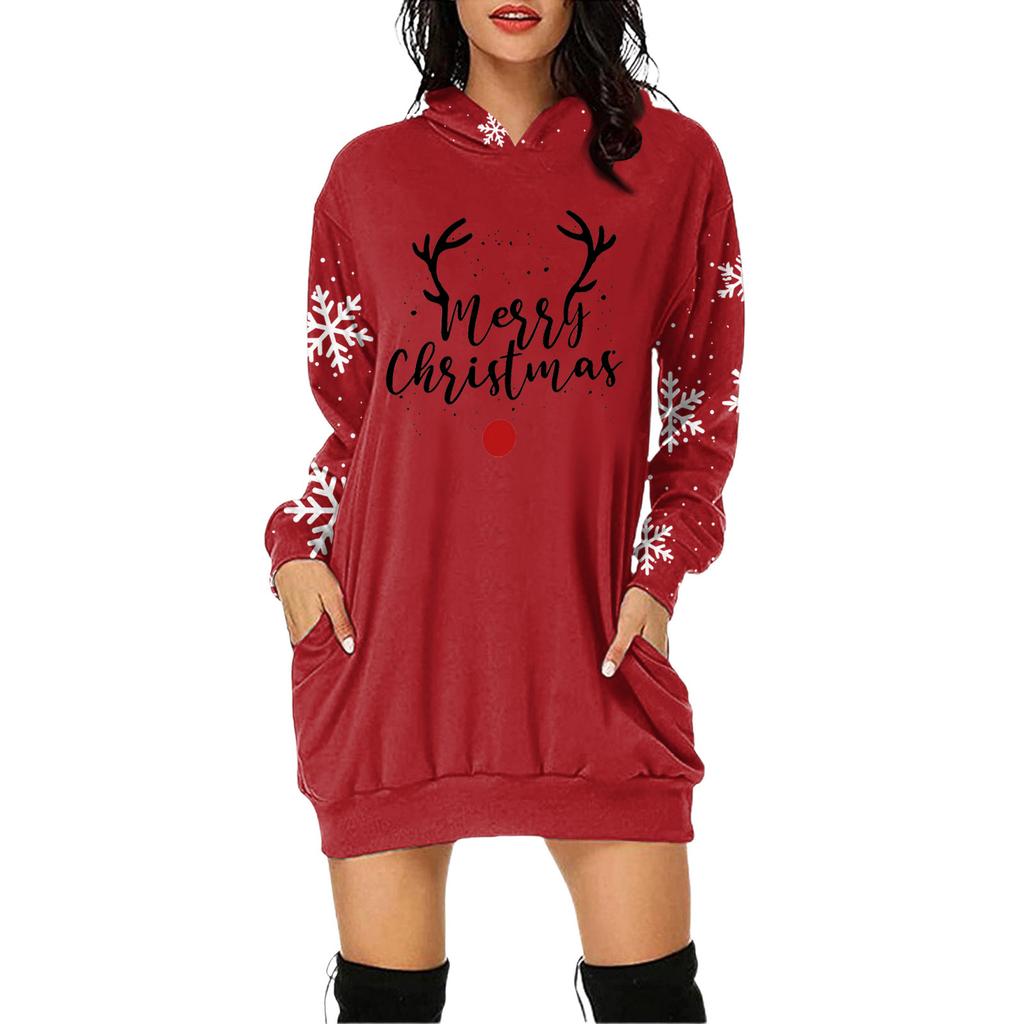 Rochie Pulover cu Glugă și Mâneci Lungi cu Buzunar și Imprimeu de Crăciun pentru Femei