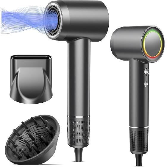 Hair Dryer, 160000 RPM Professional High Speed Ionic Blow Dryer, 500 Million Negative Ions & Heat-Control & Low Noise Hairdryer with Magnetic Silver Black