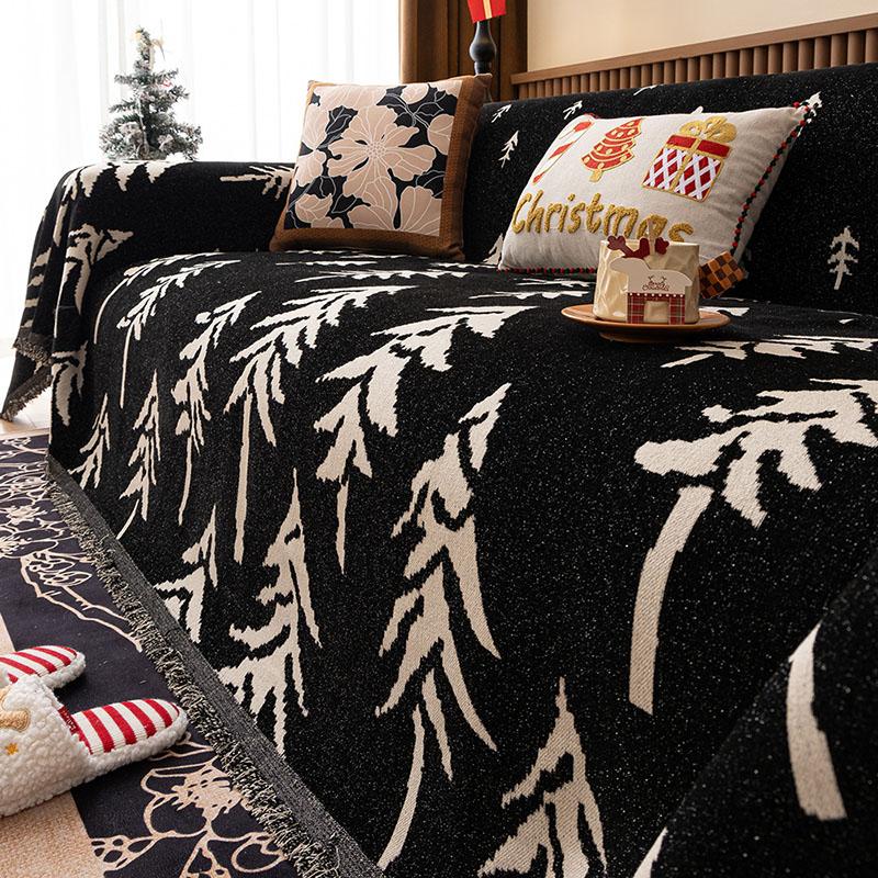 Luxury Pine Printed Chenille Sofa Towel All-Season Non-Slip Sofa Cover With Tassels Double Face Usable Wear-Resistant Home Decor