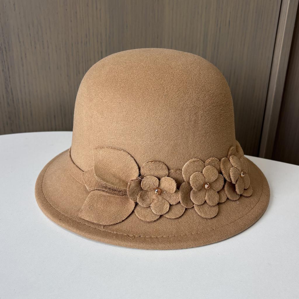 Autumn And Winter New Woolen Hat Female Elegance Flower Temperament Small Edge Top Hat Outdoor Travel Versatile Thermal Basin Hat