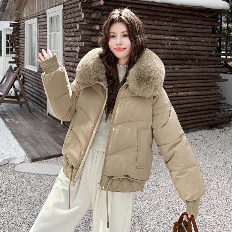 Winter Großer Pelzkragen und Baumwolljacke Warm Winddicht Gefütterter Mantel für Damen Verdickt O Locker Übergroß Oberbekleidung